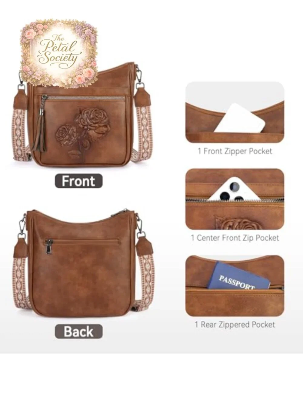 Vegan Leather Hobo Crossbody Bag Embossed Floral Shoulder Purse